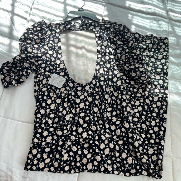 Free People Rosie Midi Dress Black White Floral Puff Sleeve Open Back Small NWT - Picture 6 of 16